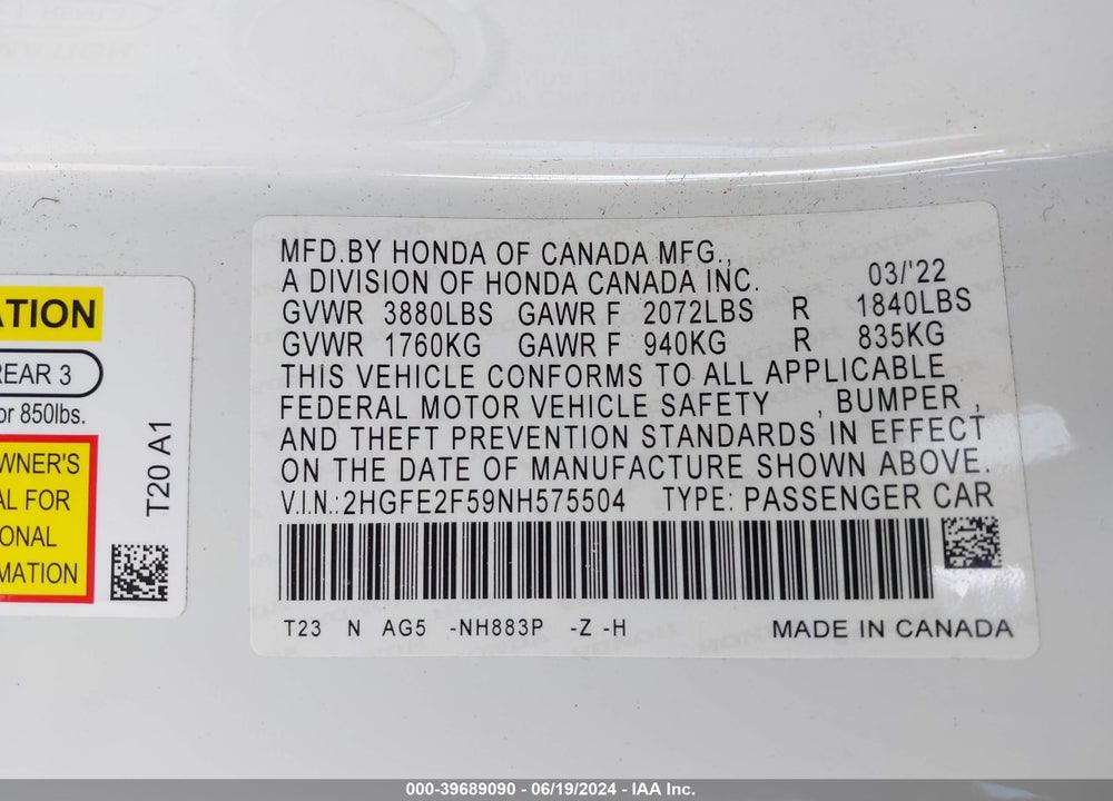 2022 HONDA CIVIC SPORT VIN: 2HGFE2F59NH575504