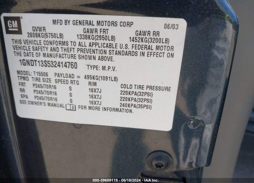 2003 CHEVROLET TRAILBLAZER LT VIN: 1GNDT13S532414760