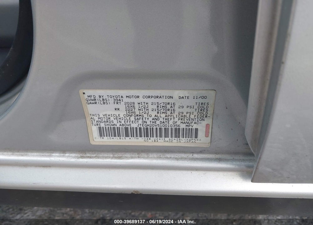 2001 TOYOTA RAV4 VIN: JTEGH20V510010356