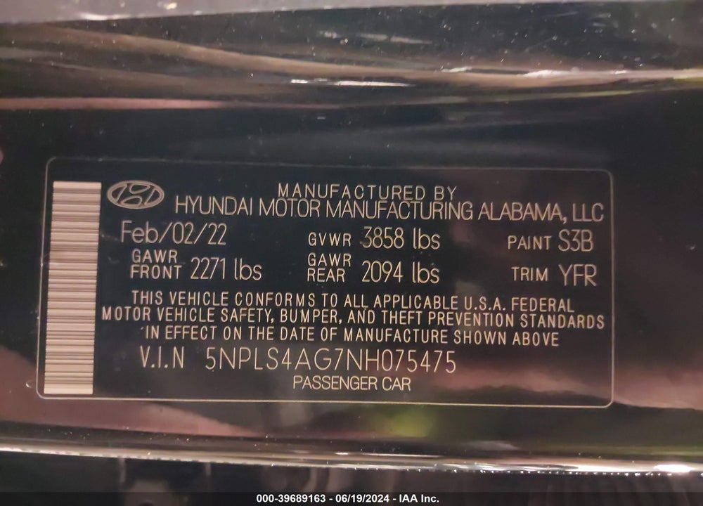 2022 HYUNDAI ELANTRA SEL VIN: 5NPLS4AG7NH075475