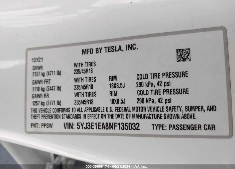 2022 TESLA MODEL 3 REAR-WHEEL DRIVE VIN: 5YJ3E1EA8NF135032