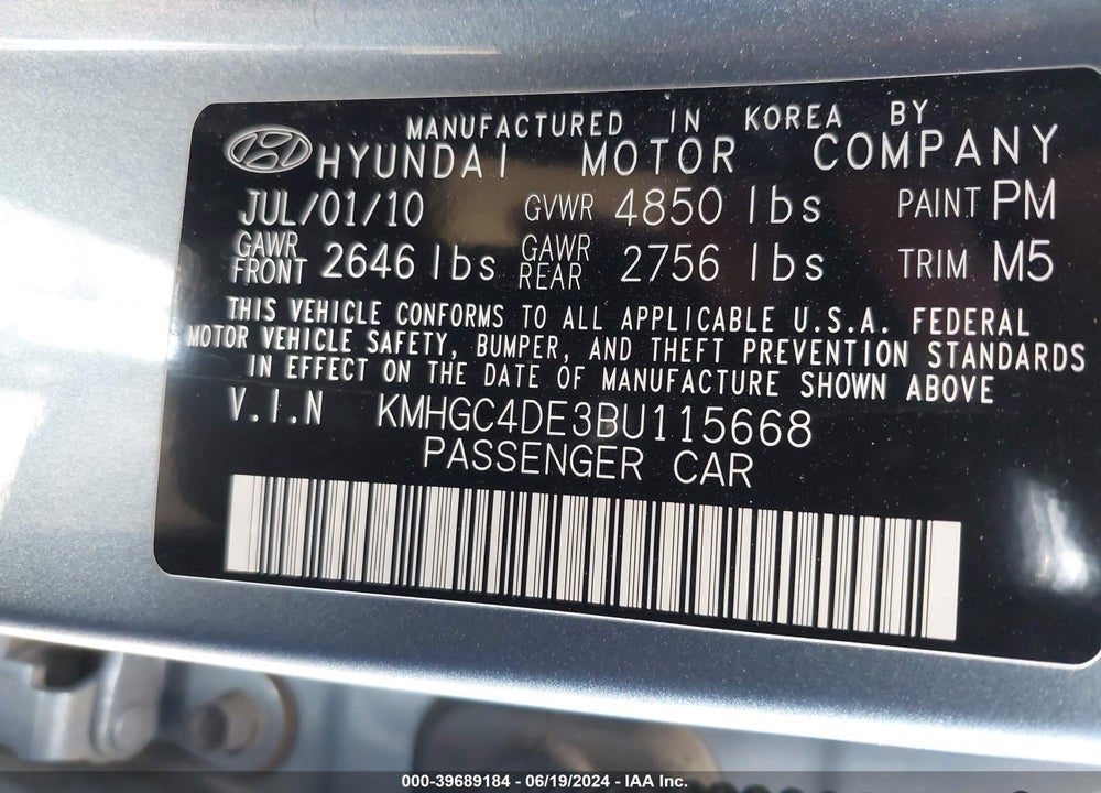 2011 HYUNDAI GENESIS 3.8 VIN: KMHGC4DE3BU115668