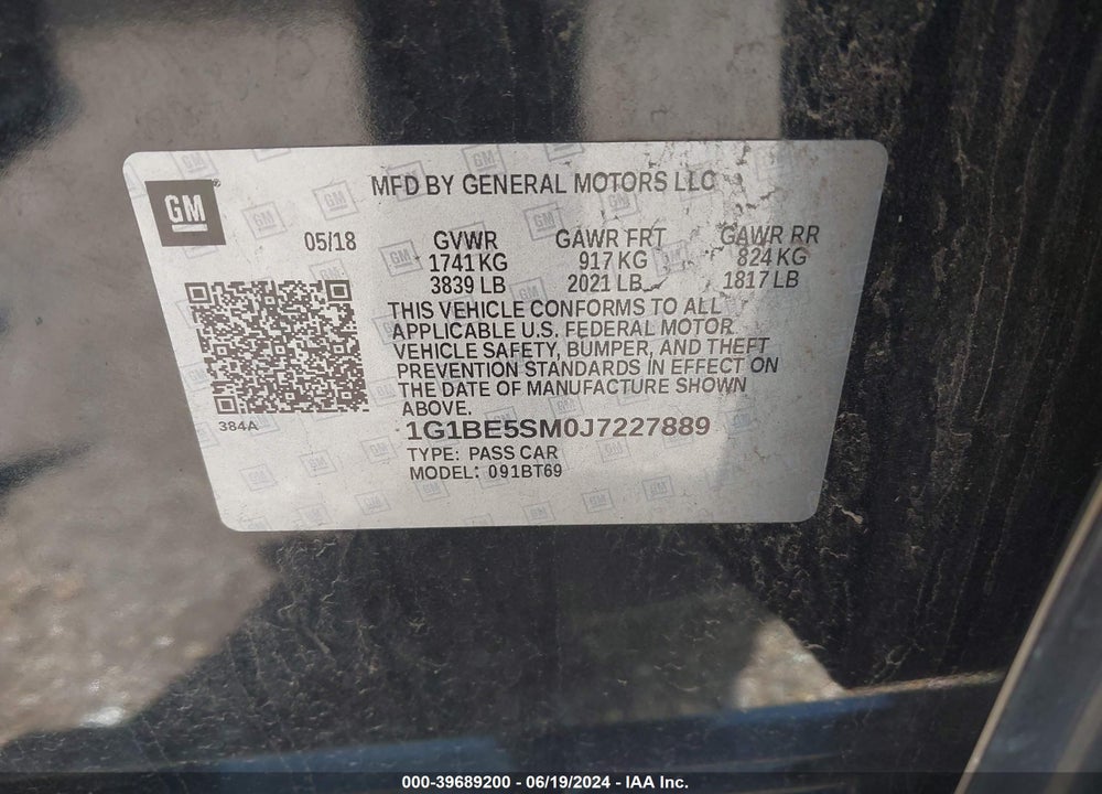 2018 CHEVROLET CRUZE LT AUTO VIN: 1G1BE5SM0J7227889