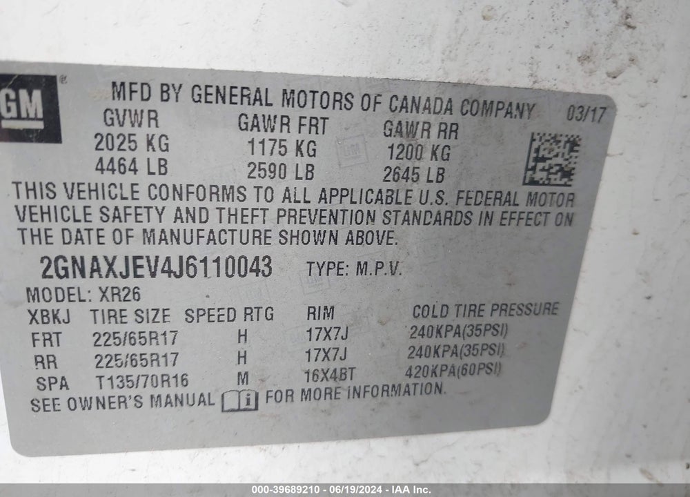 2018 CHEVROLET EQUINOX LT VIN: 2GNAXJEV4J6110043