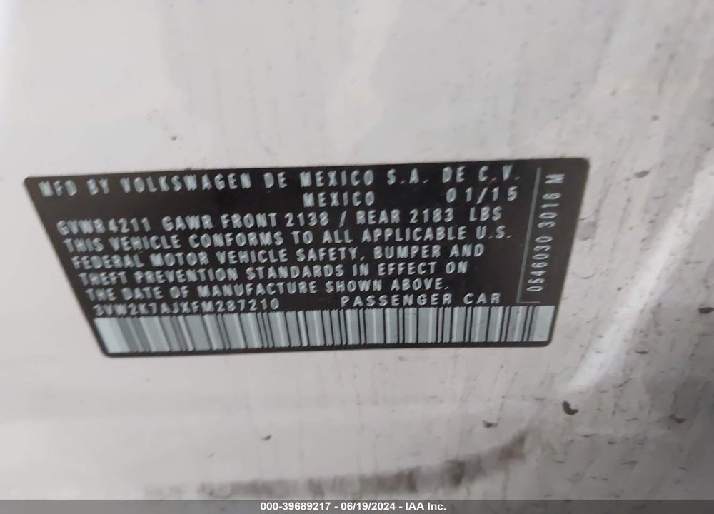 2015 VOLKSWAGEN JETTA 2.0L S VIN: 3VW2K7AJXFM287210