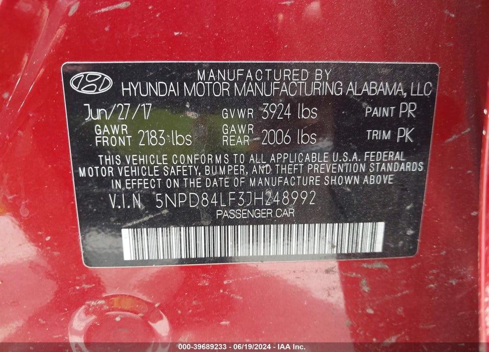2018 HYUNDAI ELANTRA SEL VIN: 5NPD84LF3JH248992