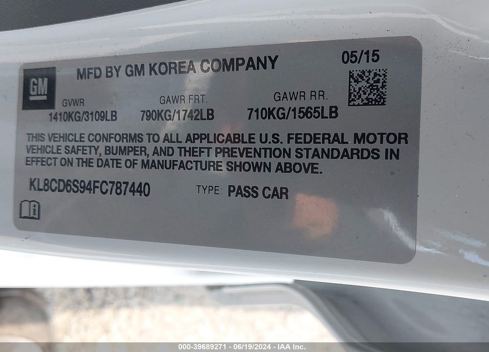 2015 CHEVROLET SPARK VIN: KL8CD6S94FC787440