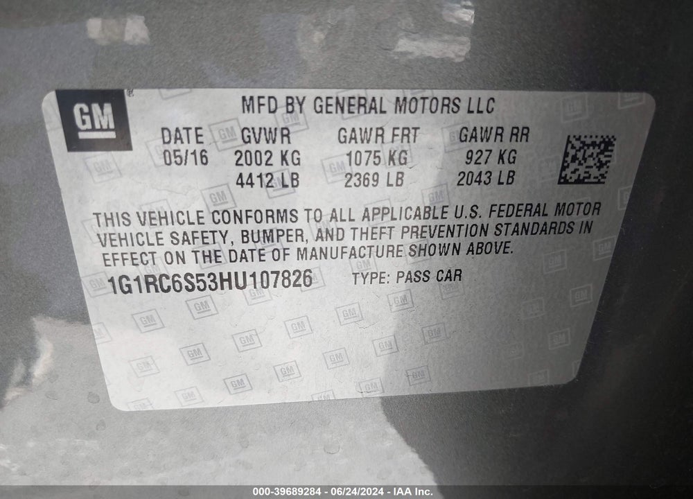 2017 CHEVROLET VOLT LT VIN: 1G1RC6S53HU107826