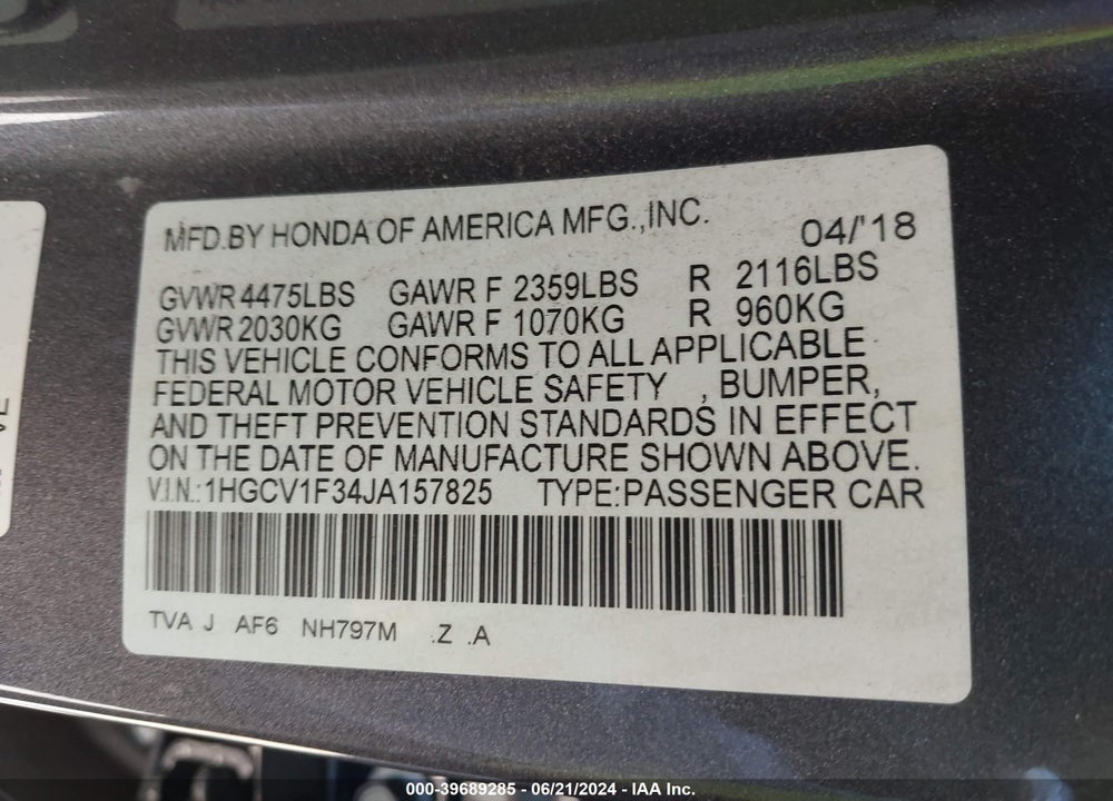 2018 HONDA ACCORD SPORT VIN: 1HGCV1F34JA157825