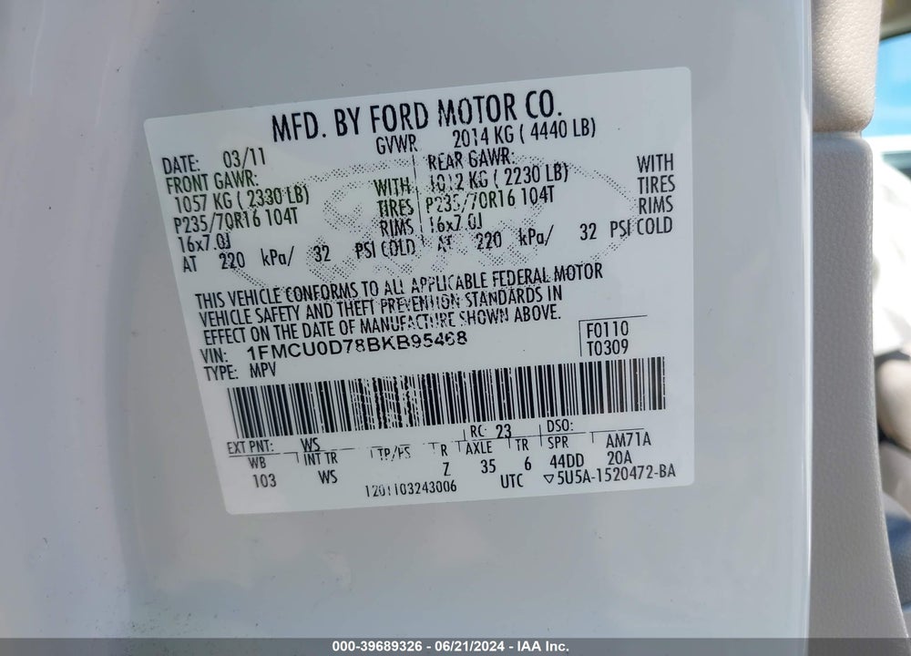 2011 FORD ESCAPE XLT VIN: 1FMCU0D78BKB95468