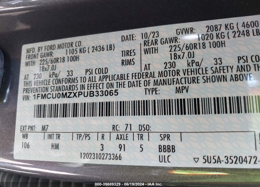 2023 FORD ESCAPE ST LINE VIN: 1FMCU0MZXPUB33065