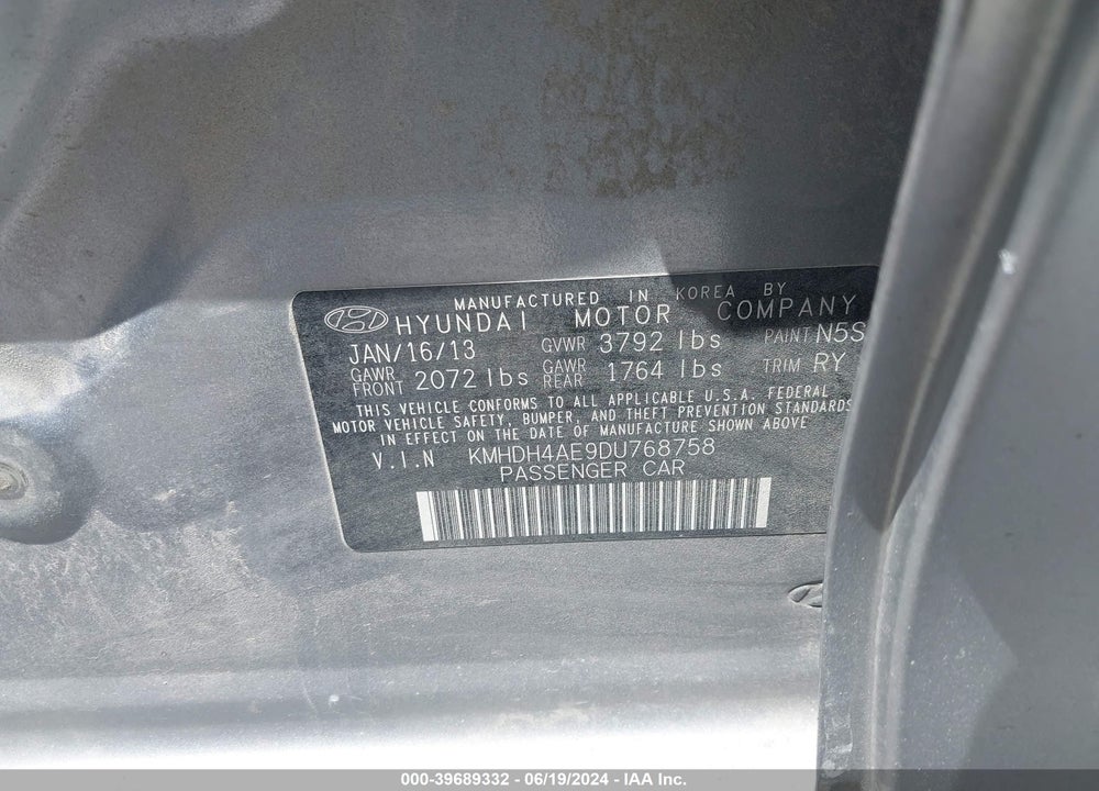 2013 HYUNDAI ELANTRA LIMITED VIN: KMHDH4AE9DU768758