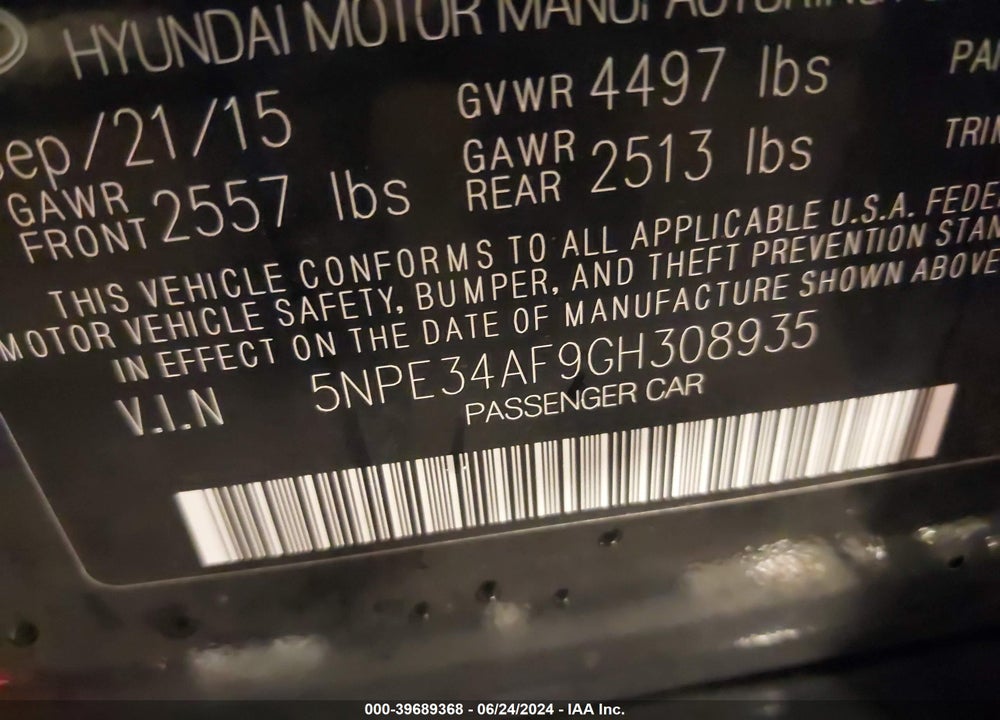 2016 HYUNDAI SONATA SPORT VIN: 5NPE34AF9GH308935