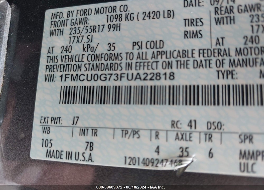 2015 FORD ESCAPE SE VIN: 1FMCU0G73FUA22818
