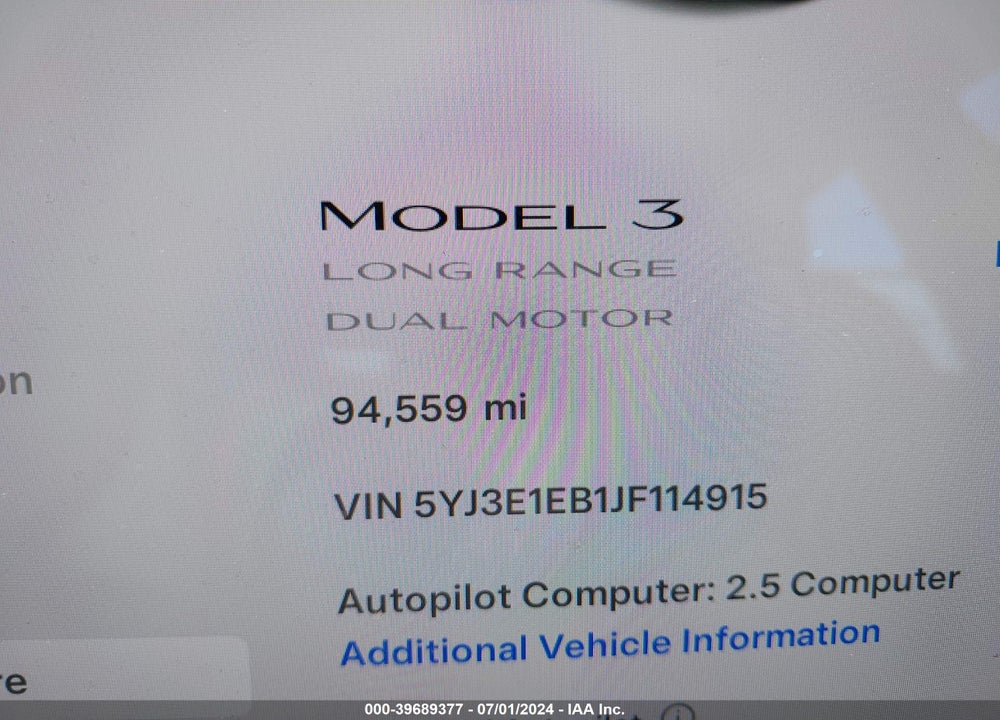 2018 TESLA MODEL 3 LONG RANGE/PERFORMANCE VIN: 5YJ3E1EB1JF114915