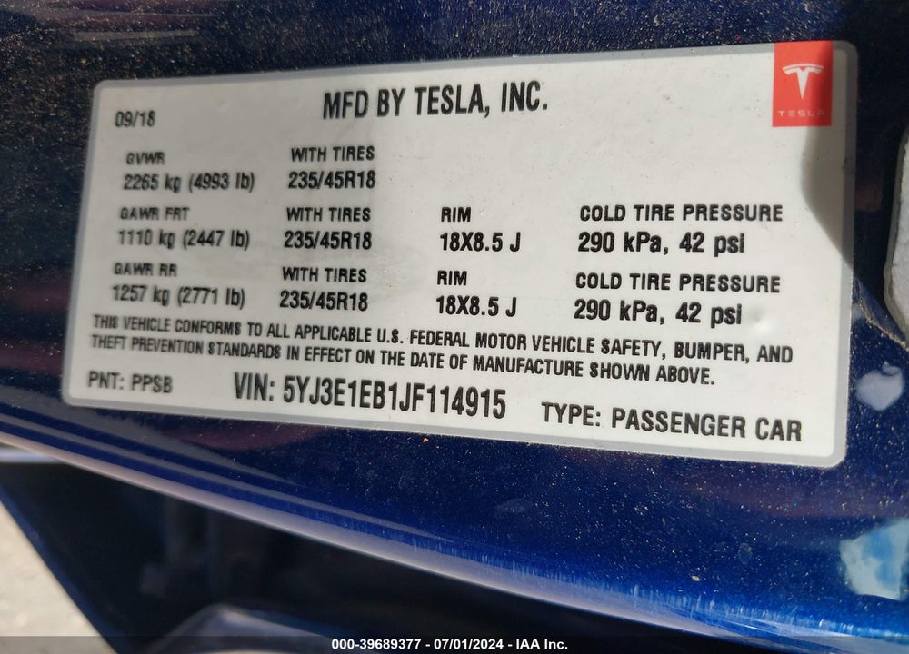 2018 TESLA MODEL 3 LONG RANGE/PERFORMANCE VIN: 5YJ3E1EB1JF114915