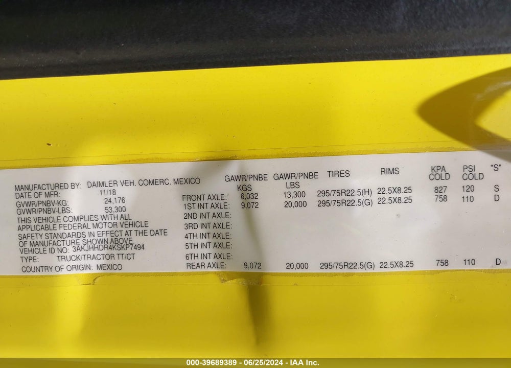 2019 FREIGHTLINER NEW CASCADIA 126 VIN: 3AKJHHDR4KSKP7494