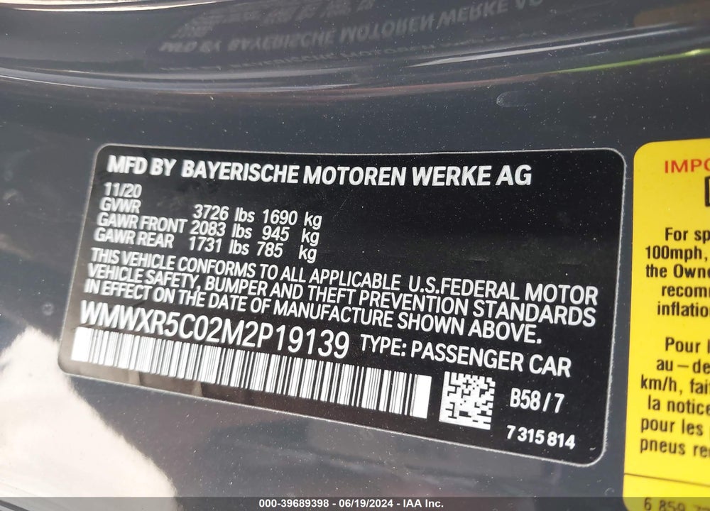 2021 MINI HARDTOP COOPER S VIN: WMWXR5C02M2P19139