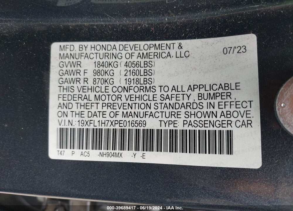 2023 HONDA CIVIC EX-L /EX-L W/O BSI VIN: 19XFL1H7XPE016569