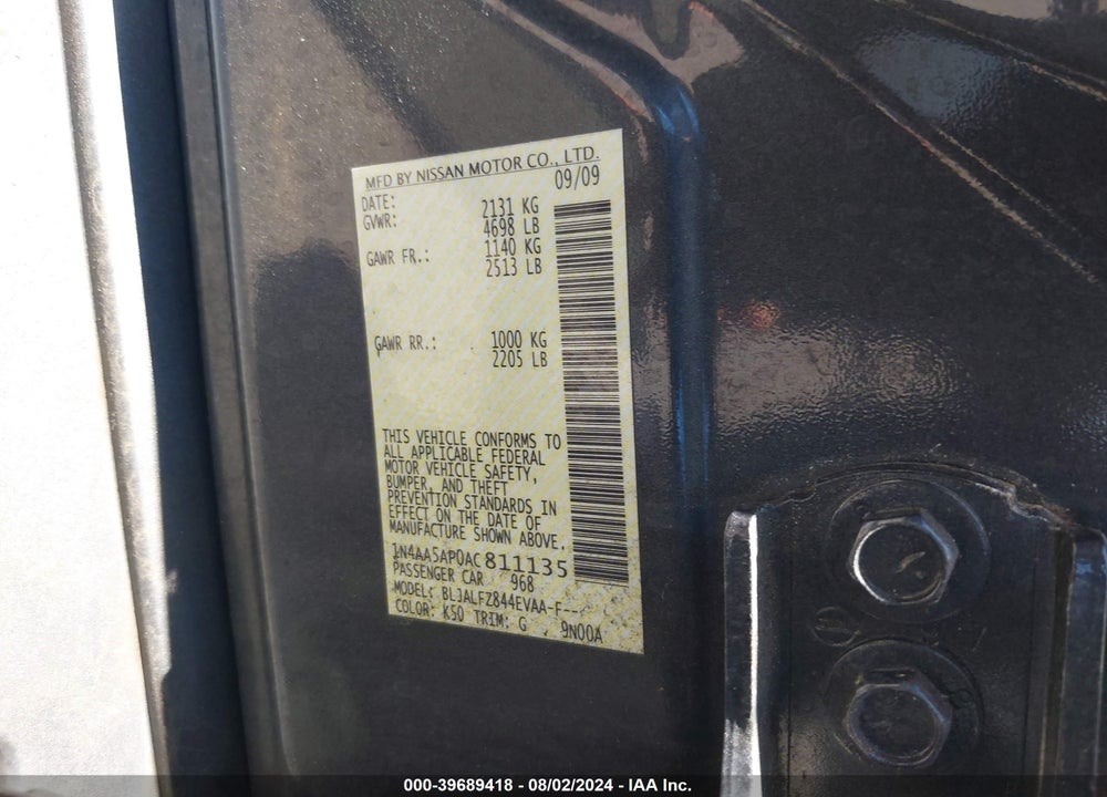 2010 NISSAN MAXIMA 3.5 SV VIN: 1N4AA5AP0AC811135