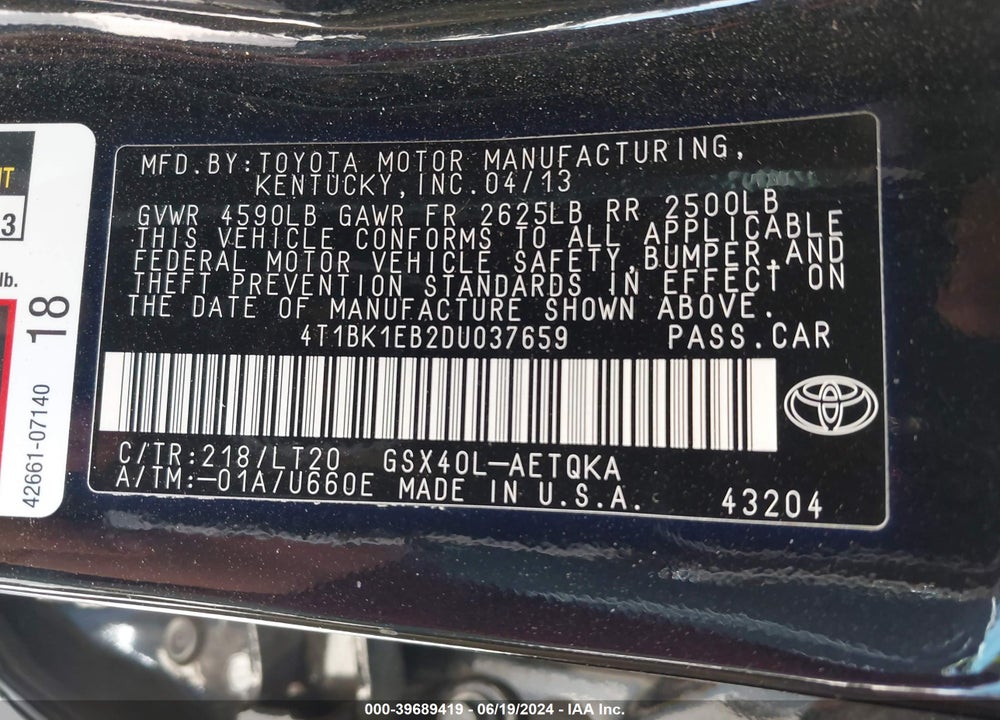 2013 TOYOTA AVALON XLE TOURING VIN: 4T1BK1EB2DU037659