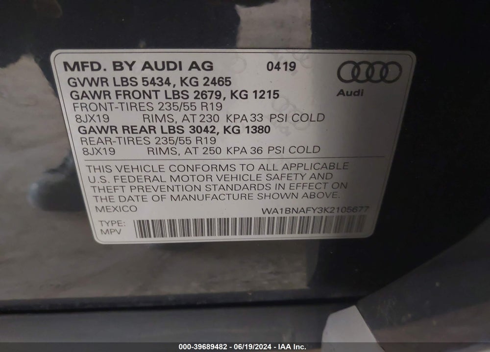 2019 AUDI Q5 45 PREMIUM VIN: WA1BNAFY3K2105677