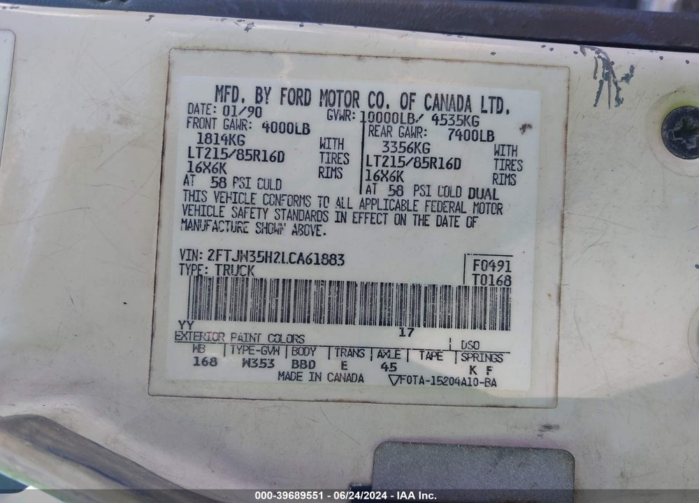1990 FORD F350 VIN: 2FTJW35H2LCA61883