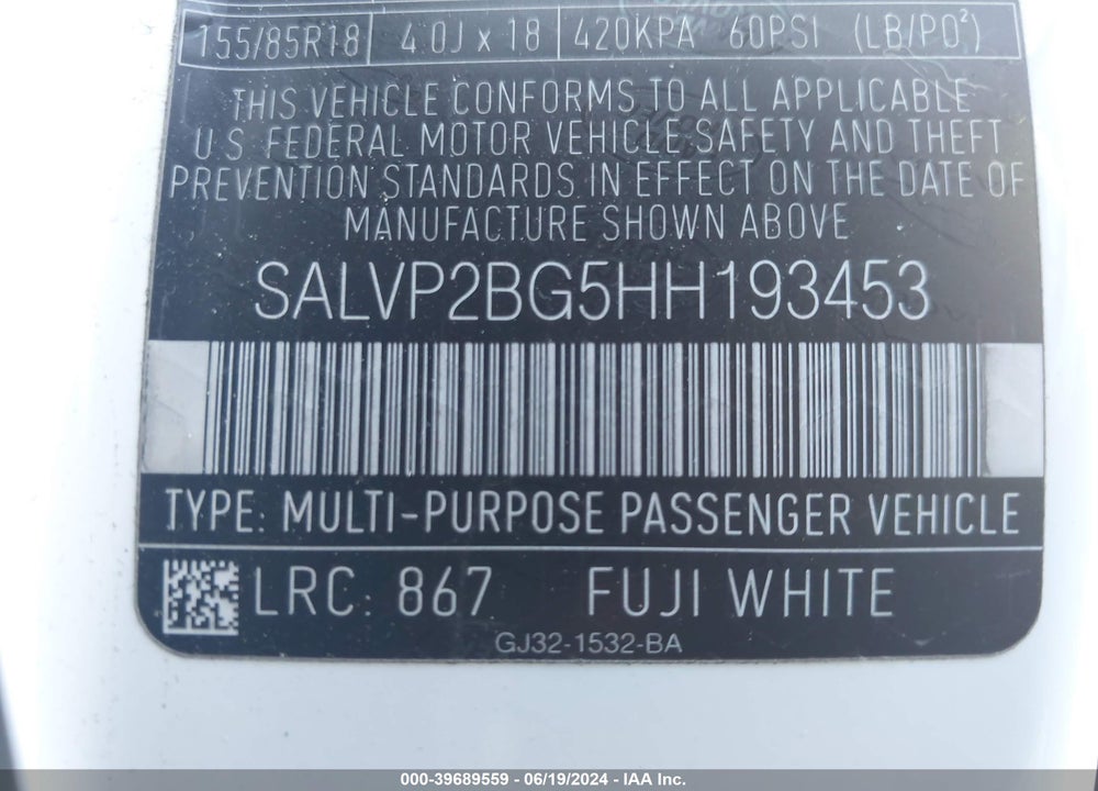 2017 LAND ROVER RANGE ROVER EVOQUE SE/SE PREMIUM VIN: SALVP2BG5HH193453