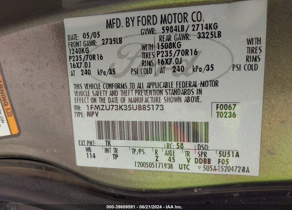 2005 FORD EXPLORER XLT/XLT SPORT VIN: 1FMZU73K35UB85173