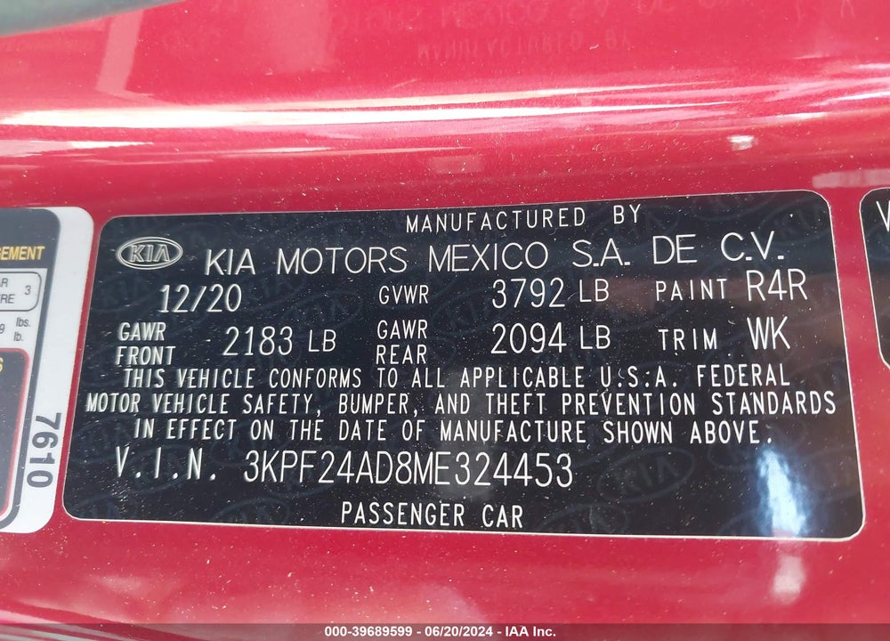 2021 KIA FORTE LXS VIN: 3KPF24AD8ME324453