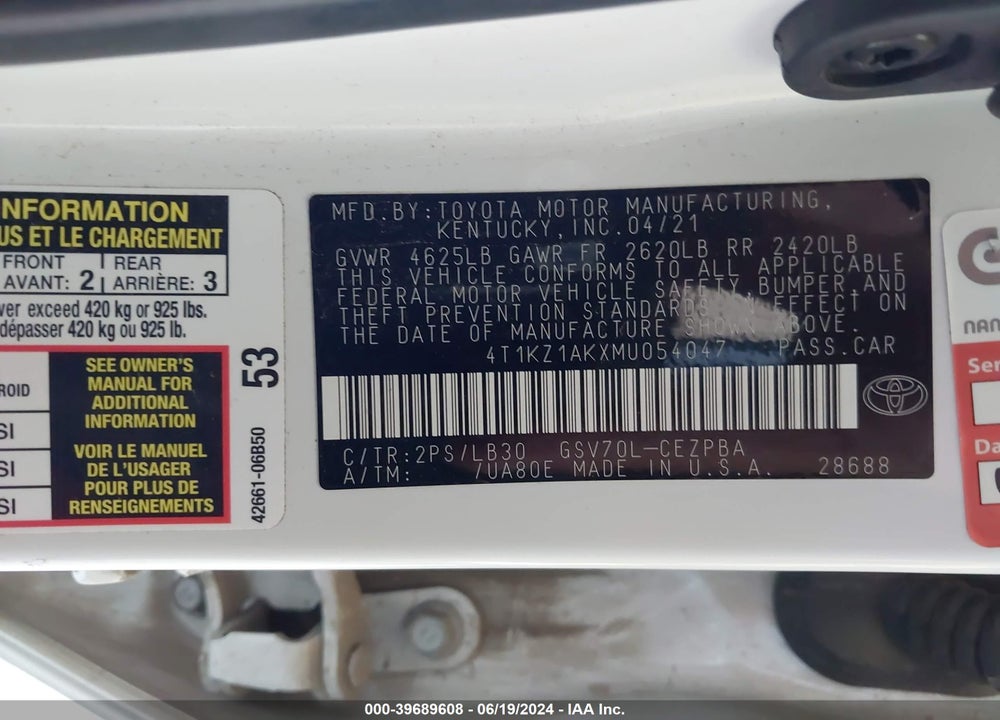 2021 TOYOTA CAMRY XSE V6 VIN: 4T1KZ1AKXMU054047