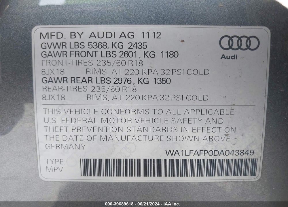 2013 AUDI Q5 2.0T PREMIUM VIN: WA1LFAFP0DA043849