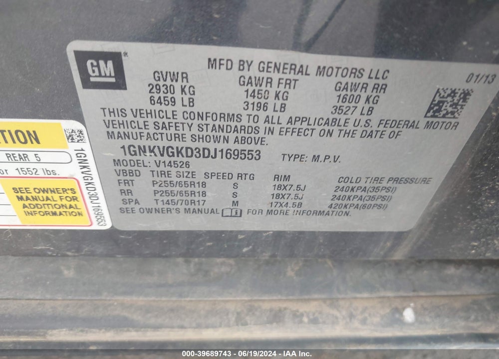 2013 CHEVROLET TRAVERSE 1LT VIN: 1GNKVGKD3DJ169553