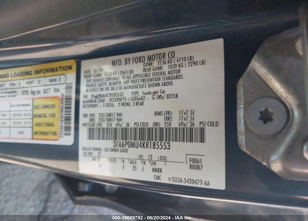 2019 FORD FUSION HYBRID SEL VIN: 3FA6P0MU4KR185553