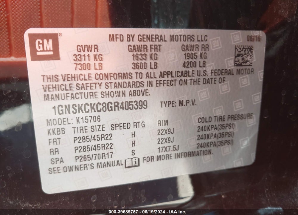 2016 CHEVROLET TAHOE LTZ VIN: 1GNSKCKC8GR405399