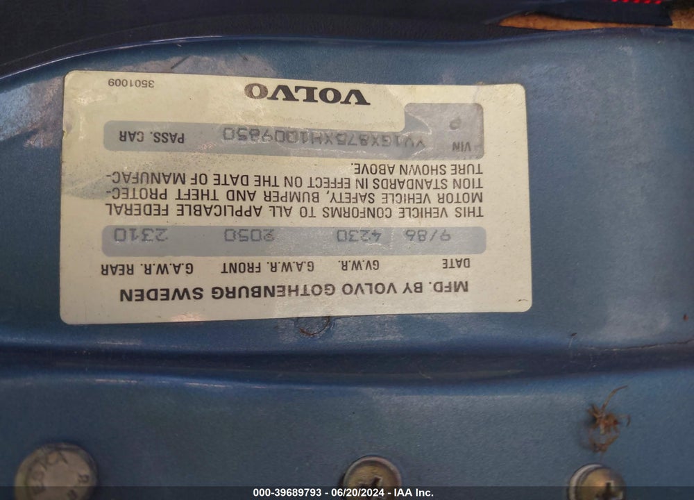 1987 VOLVO 760 GLE VIN: YV1GX875XH1009850
