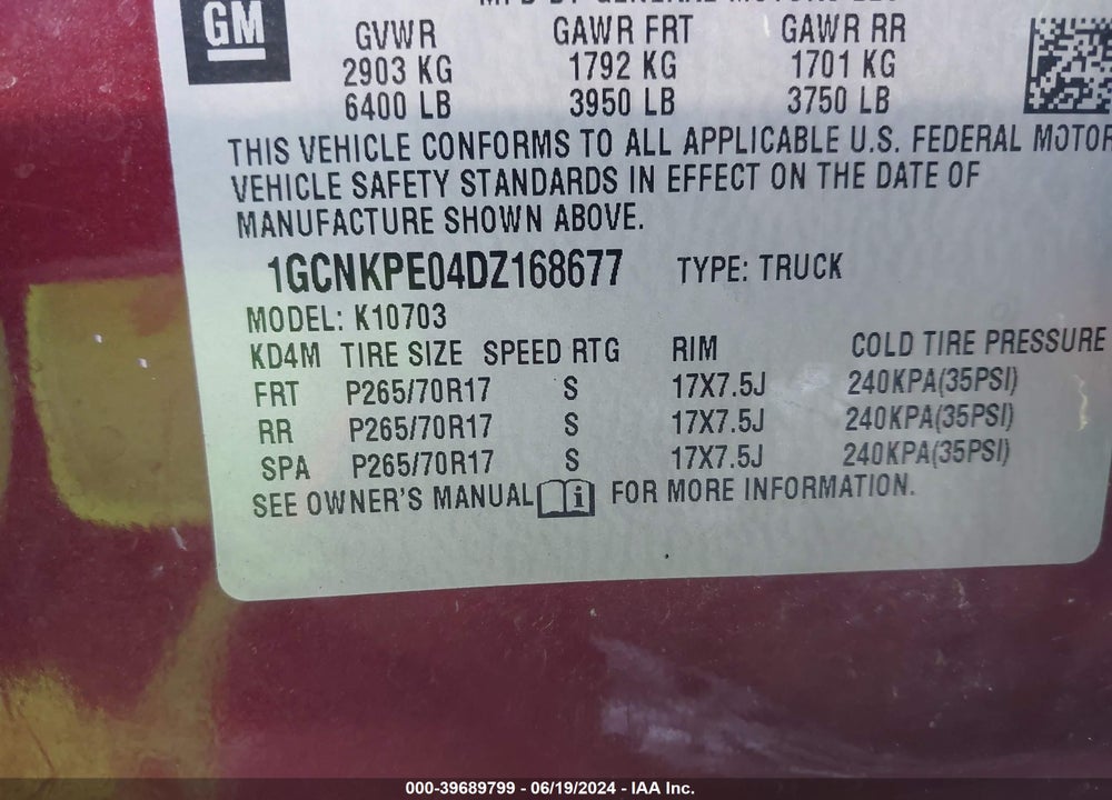 2013 CHEVROLET SILVERADO 1500 WORK TRUCK VIN: 1GCNKPE04DZ168677