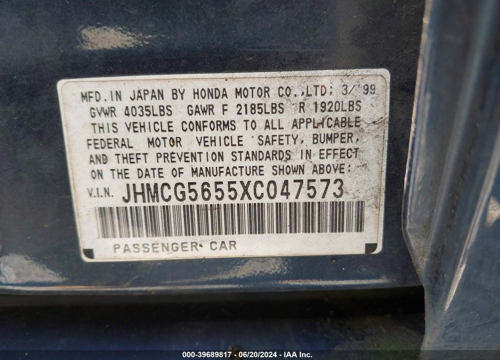 1999 HONDA ACCORD EX VIN: JHMCG5655XC047573
