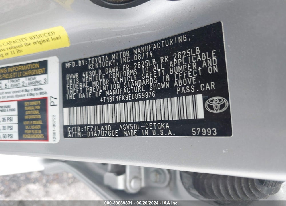 2014 TOYOTA CAMRY XLE VIN: 4T1BF1FK9EU859976