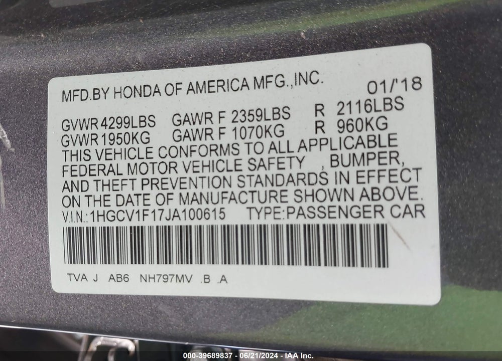 2018 HONDA ACCORD LX VIN: 1HGCV1F17JA100615