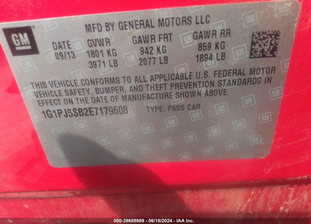 2014 CHEVROLET CRUZE VIN: 1G1PJ5SB2E7179608