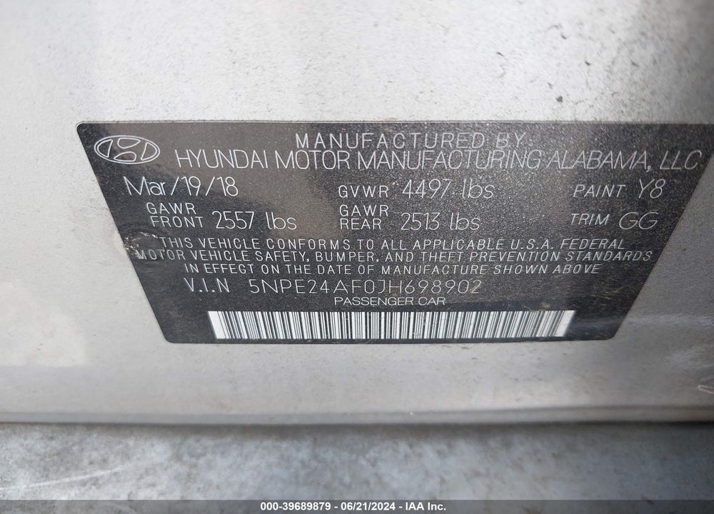 2018 HYUNDAI SONATA SE VIN: 5NPE24AF0JH698902