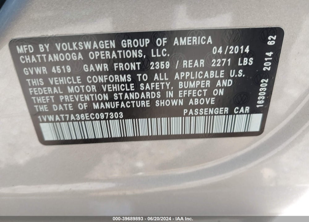 2014 VOLKSWAGEN PASSAT 1.8T WOLFSBURG EDITION VIN: 1VWAT7A36EC097303