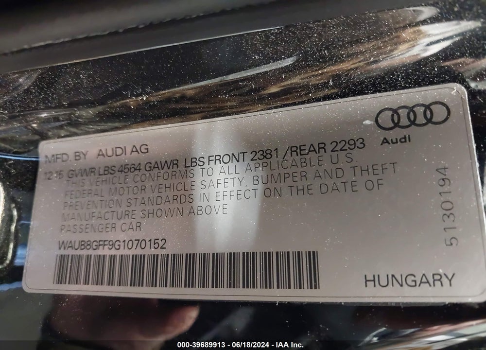 2016 AUDI A3 VIN: WAUB8GFF9G1070152
