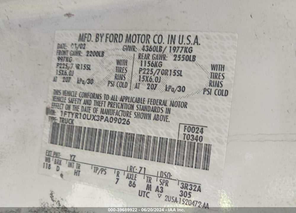 2003 FORD RANGER EDGE/XL/XLT VIN: 1FTYR10UX3PA09026
