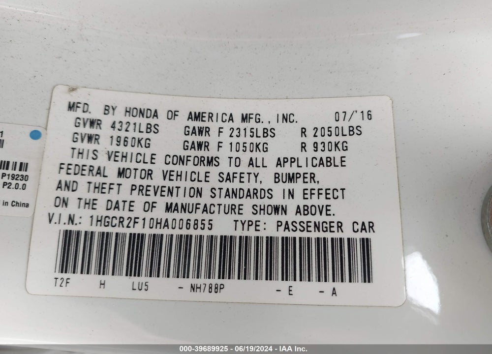 2017 HONDA ACCORD SPORT SE VIN: 1HGCR2F10HA006855