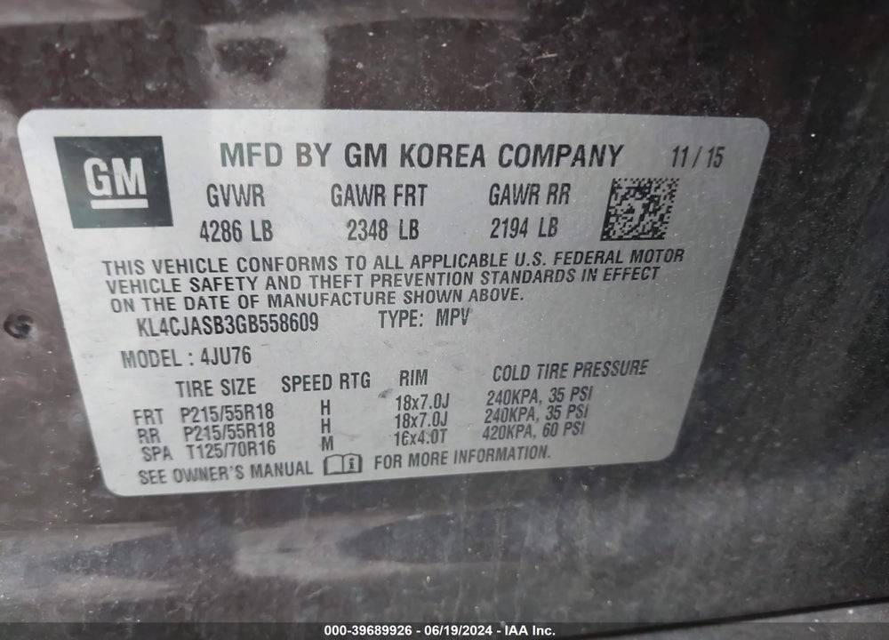 2016 BUICK ENCORE VIN: KL4CJASB3GB558609