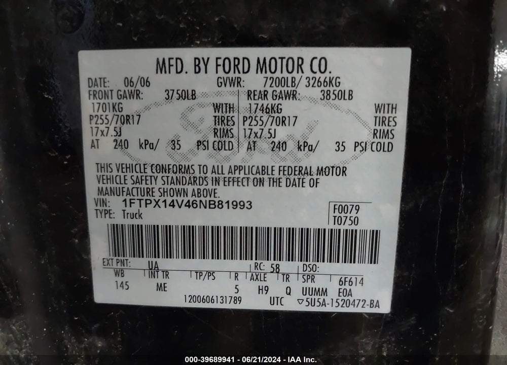 2006 FORD F-150 FX4/LARIAT/XL/XLT VIN: 1FTPX14V46NB81993