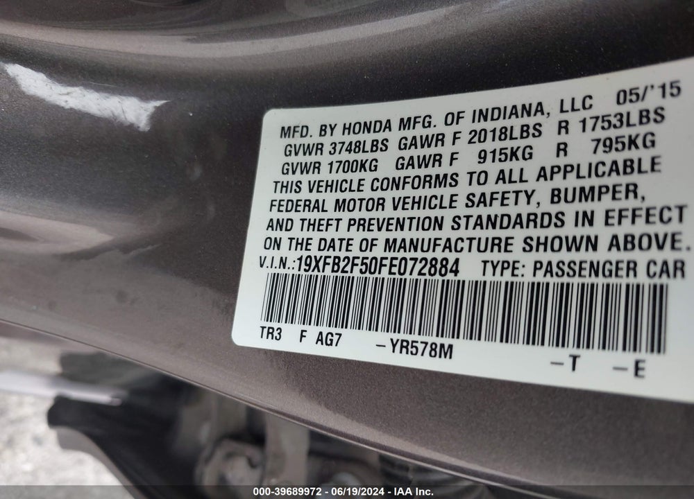 2015 HONDA CIVIC LX VIN: 19XFB2F50FE072884