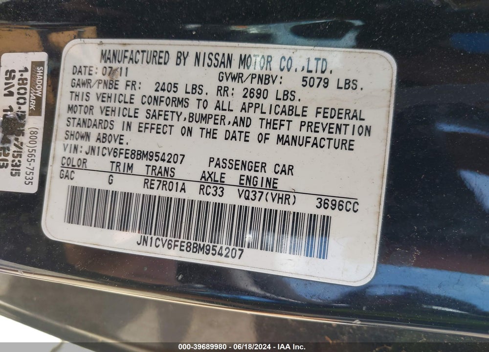 2011 INFINITI G37 VIN: JN1CV6FE8BM954207